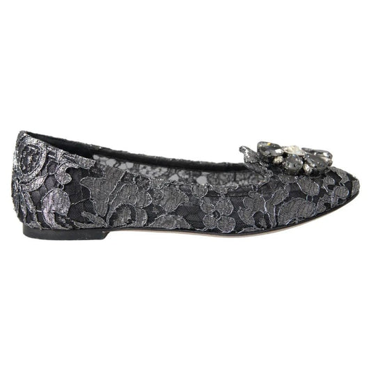 Dolce & Gabbana Gray Black Lace Crystal Ballet Loafers Shoes - SMARTMARTNZ