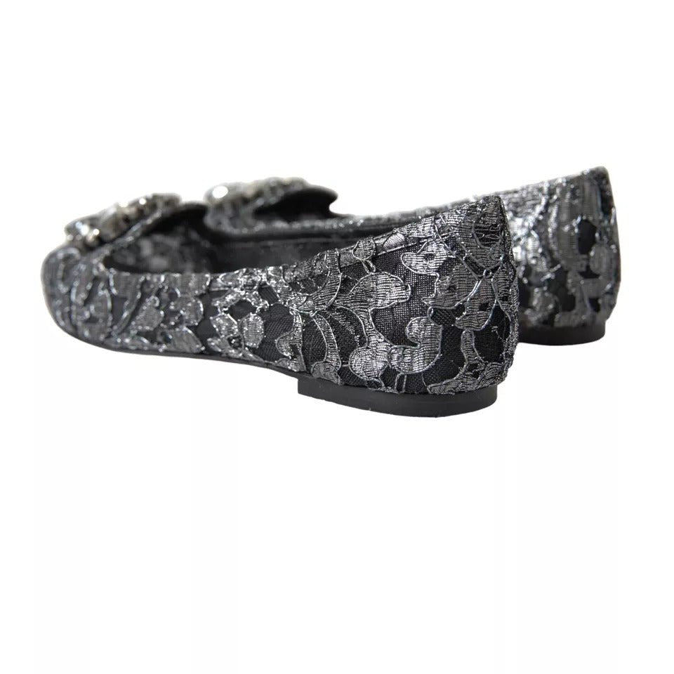 Dolce & Gabbana Gray Black Lace Crystal Ballet Loafers Shoes - SMARTMARTNZ
