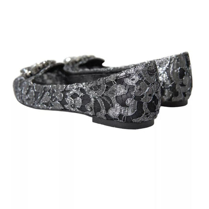 Dolce & Gabbana Gray Black Lace Crystal Ballet Loafers Shoes - SMARTMARTNZ