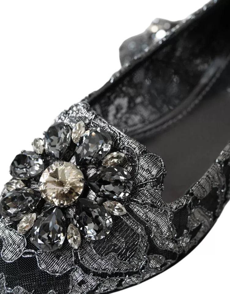 Dolce & Gabbana Gray Black Lace Crystal Ballet Loafers Shoes - SMARTMARTNZ