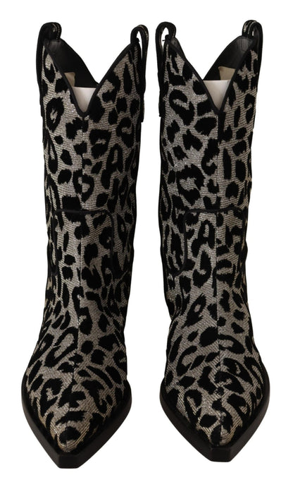 Dolce & Gabbana Gray Black Leopard Cowboy Boots Shoes - SMARTMARTNZ
