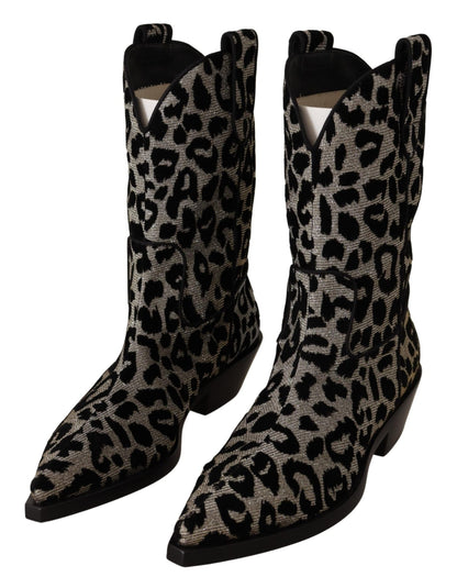Dolce & Gabbana Gray Black Leopard Cowboy Boots Shoes - SMARTMARTNZ