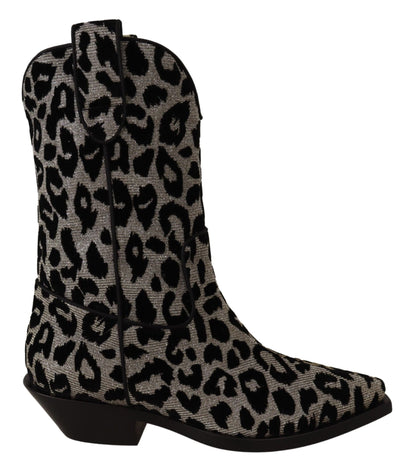 Dolce & Gabbana Gray Black Leopard Cowboy Boots Shoes - SMARTMARTNZ