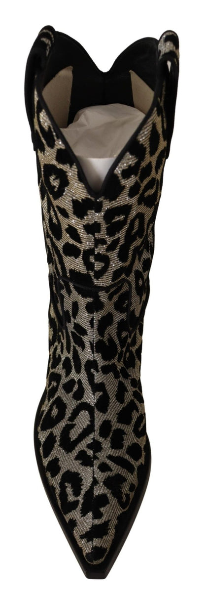 Dolce & Gabbana Gray Black Leopard Cowboy Boots Shoes - SMARTMARTNZ