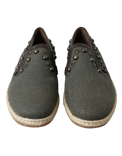 Dolce & Gabbana Gray Linen Leather Studded Loafers Shoes - SMARTMARTNZ