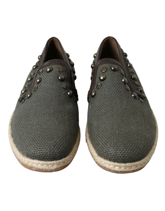 Dolce & Gabbana Gray Linen Leather Studded Loafers Shoes - SMARTMARTNZ