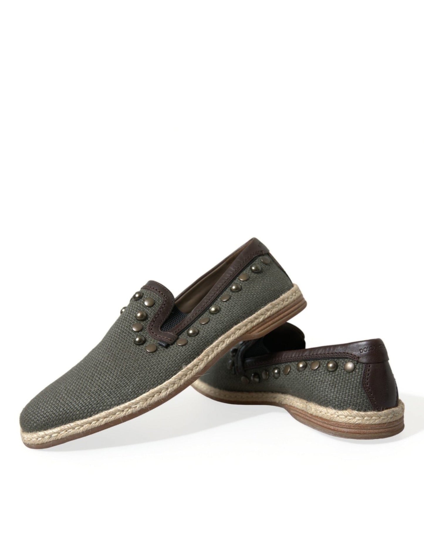 Dolce & Gabbana Gray Linen Leather Studded Loafers Shoes - SMARTMARTNZ