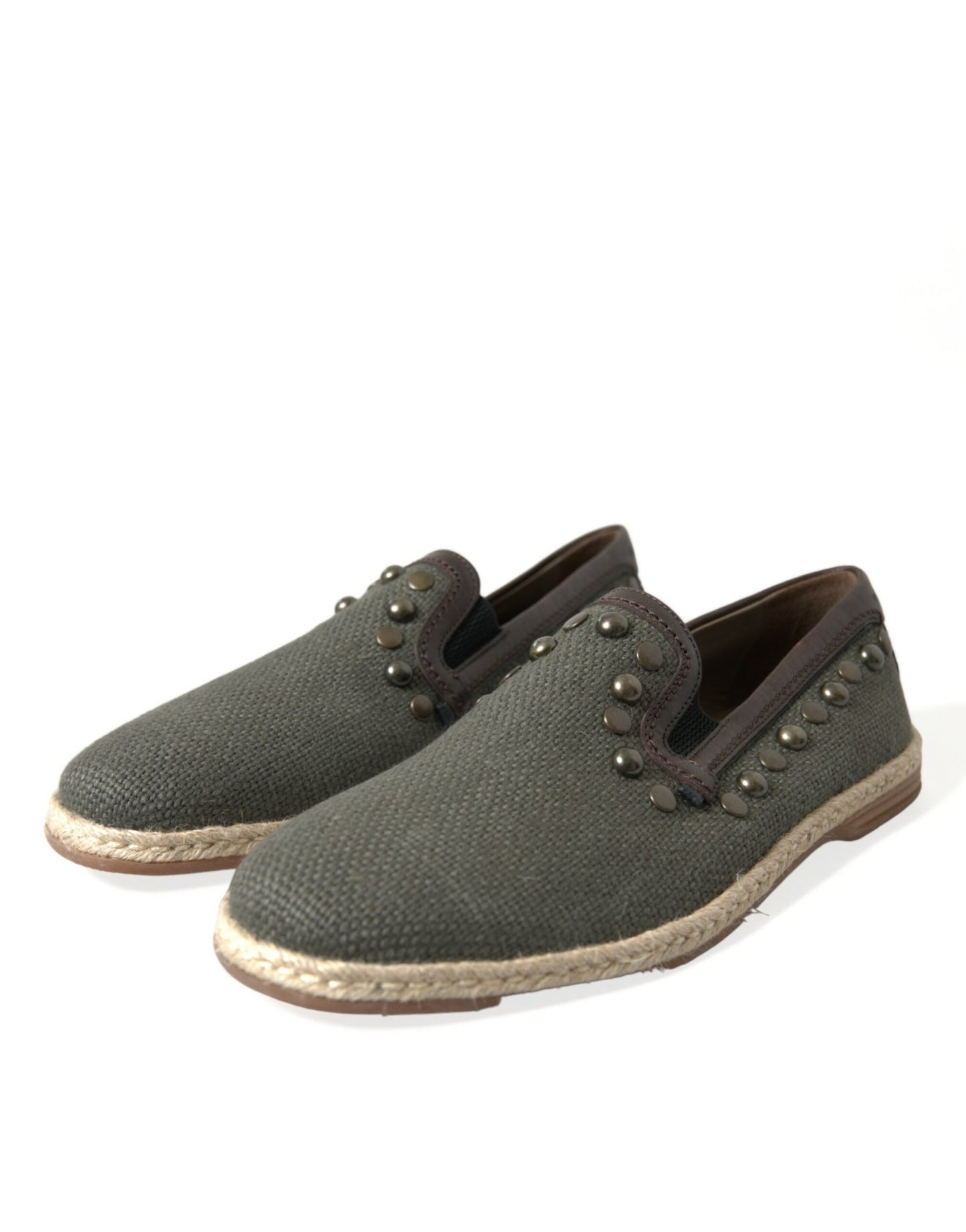 Dolce & Gabbana Gray Linen Leather Studded Loafers Shoes - SMARTMARTNZ