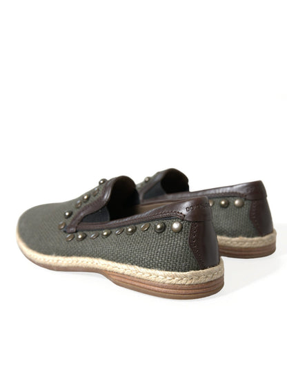 Dolce & Gabbana Gray Linen Leather Studded Loafers Shoes - SMARTMARTNZ