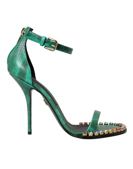 Dolce & Gabbana Green Exotic Leather Crystal Sandals Shoes - SMARTMARTNZ