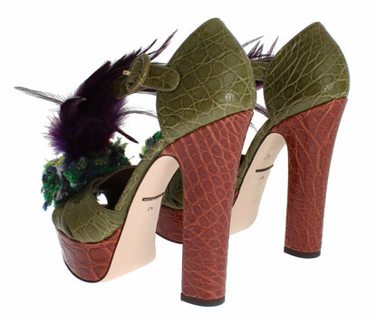 Dolce & Gabbana Green Leather Crystal Platform Sandal Shoes - SMARTMARTNZ