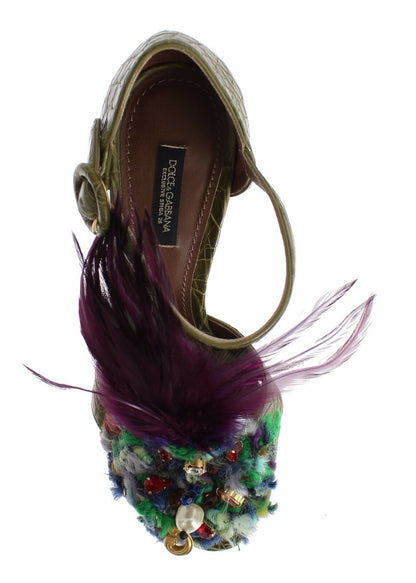 Dolce & Gabbana Green Leather Crystal Platform Sandal Shoes - SMARTMARTNZ