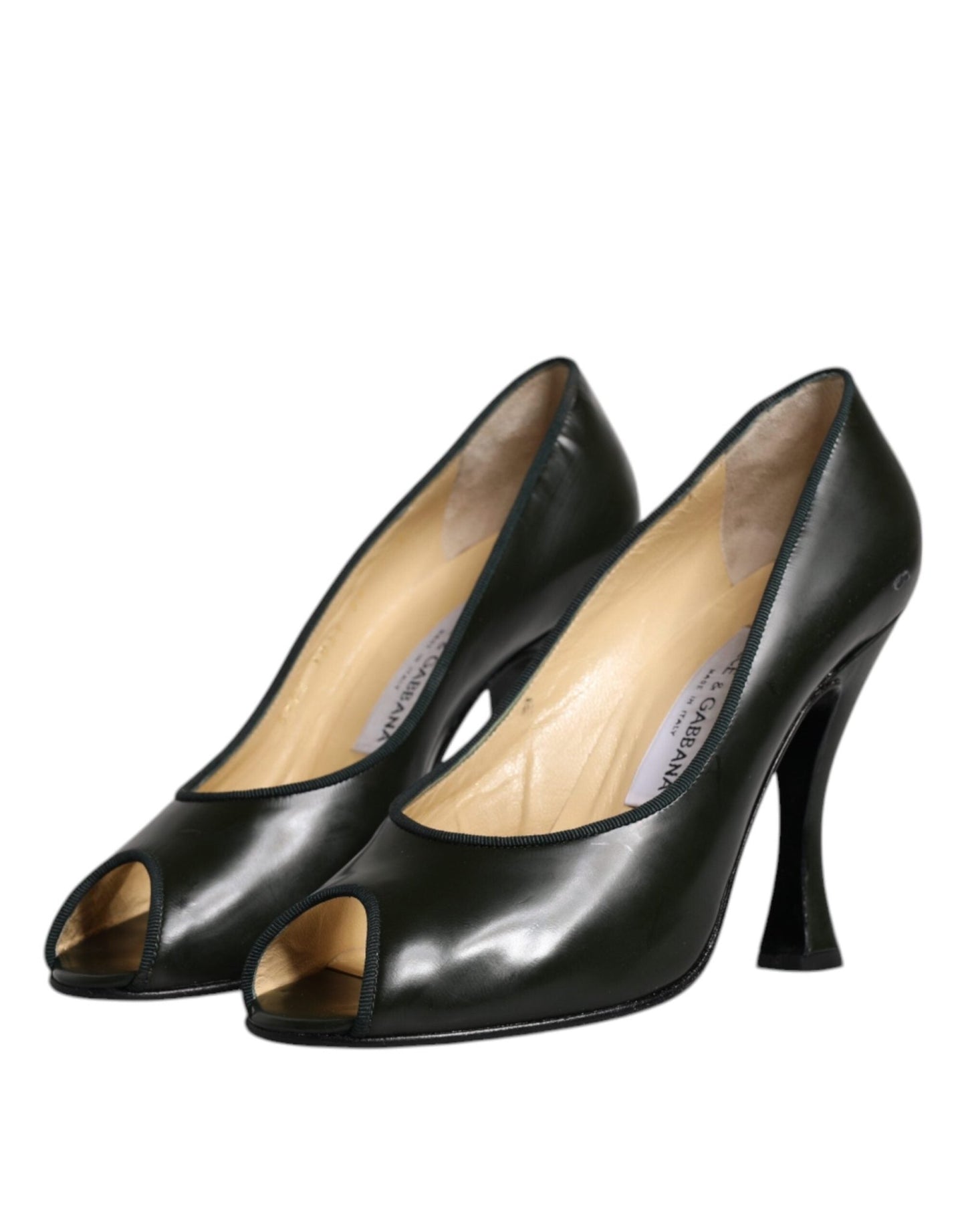 Dolce & Gabbana Green Leather Peep Toe Heels Pumps Shoes - SMARTMARTNZ