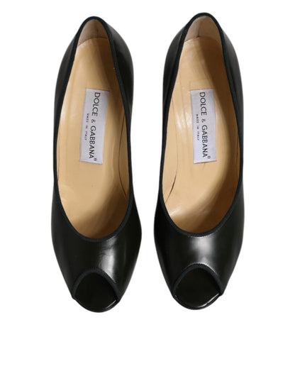 Dolce & Gabbana Green Leather Peep Toe Heels Pumps Shoes - SMARTMARTNZ