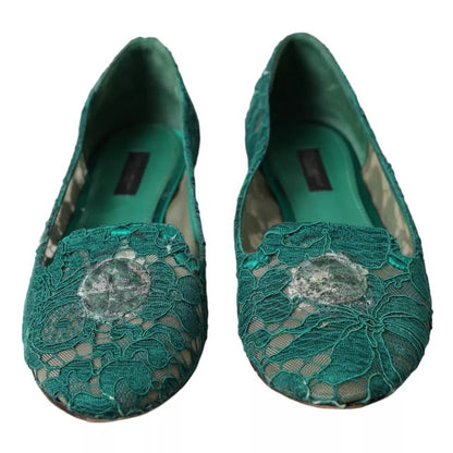 Dolce & Gabbana Green Taormina Lace Slip On Flats Shoes - SMARTMARTNZ