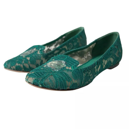Dolce & Gabbana Green Taormina Lace Slip On Flats Shoes - SMARTMARTNZ