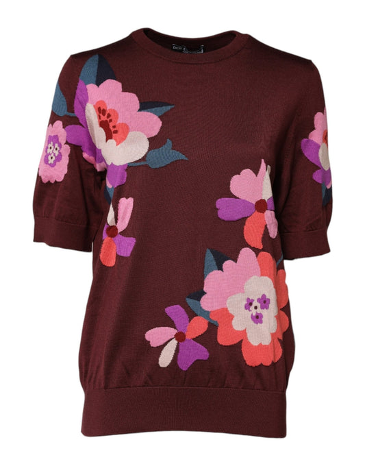 Dolce & Gabbana Maroon Floral Silk Crew Neck Blouse Top - SMARTMARTNZ