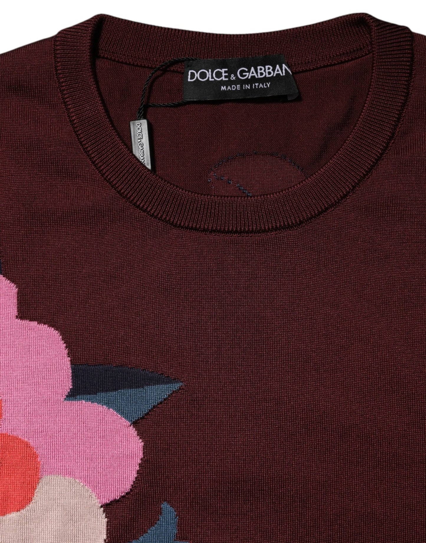 Dolce & Gabbana Maroon Floral Silk Crew Neck Blouse Top - SMARTMARTNZ