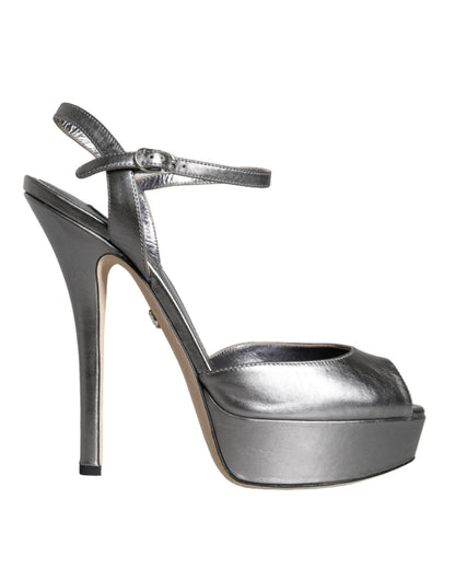 Dolce & Gabbana Metallic Silver Leather Keira Platform Sandals Shoes - SMARTMARTNZ