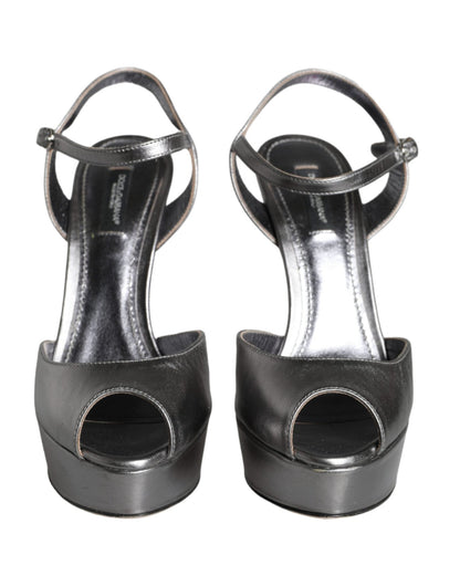 Dolce & Gabbana Metallic Silver Leather Keira Platform Sandals Shoes - SMARTMARTNZ