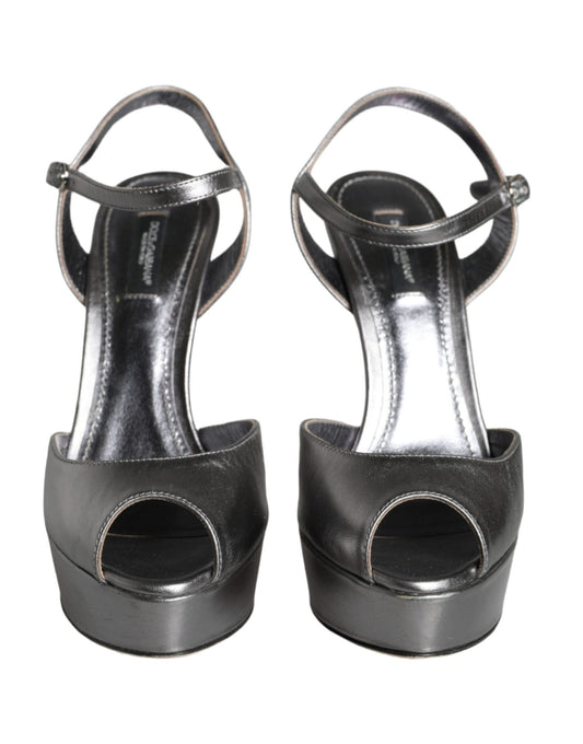 Dolce & Gabbana Metallic Silver Leather Keira Platform Sandals Shoes - SMARTMARTNZ