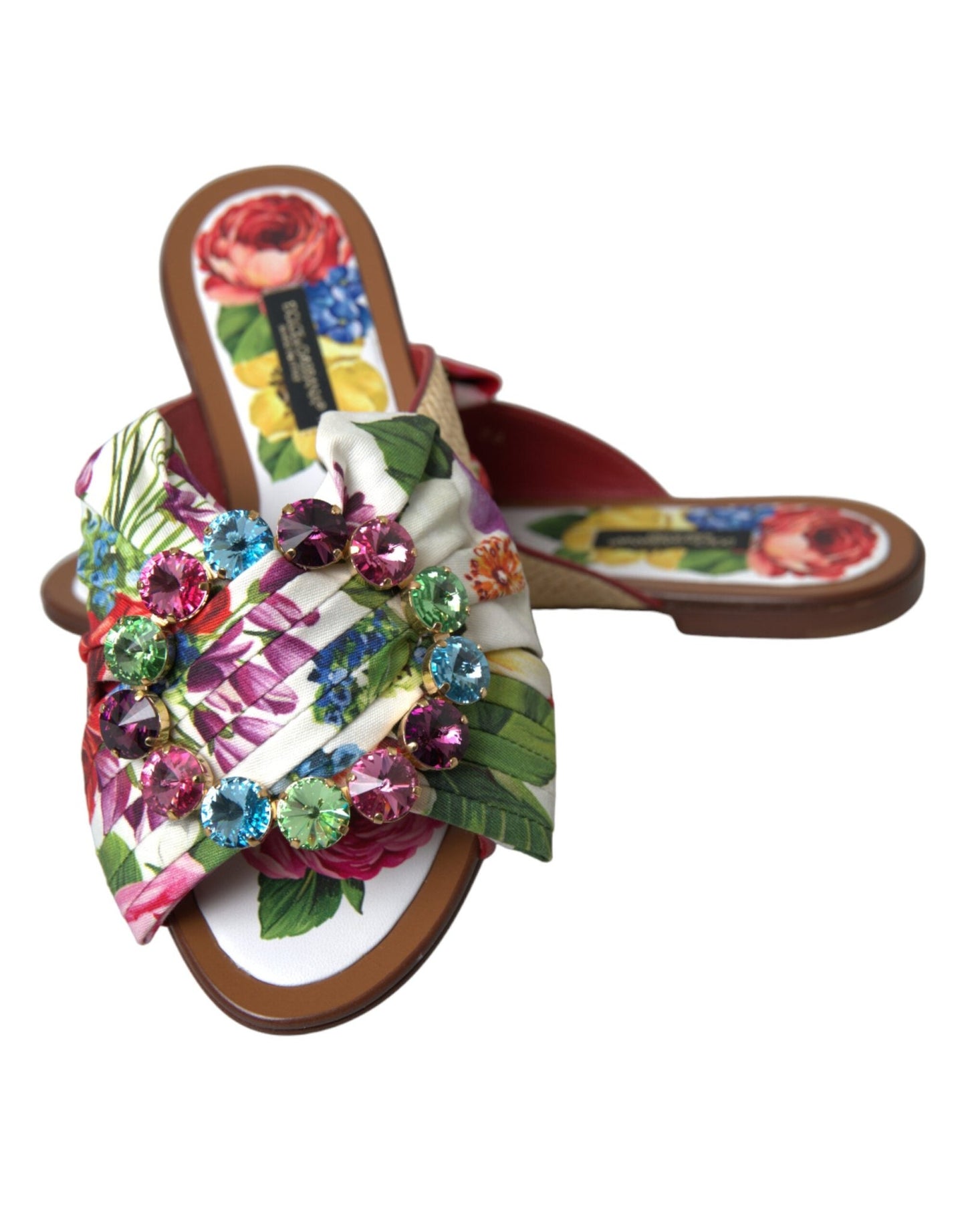 Dolce & Gabbana Multicolor Floral Flats Crystal Sandals Shoes - SMARTMARTNZ