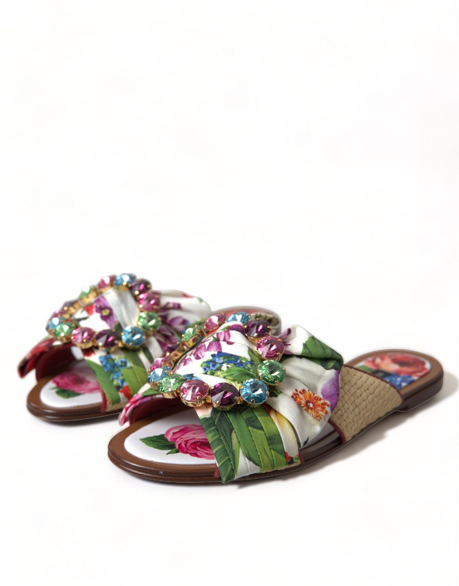 Dolce & Gabbana Multicolor Floral Flats Crystal Sandals Shoes - SMARTMARTNZ