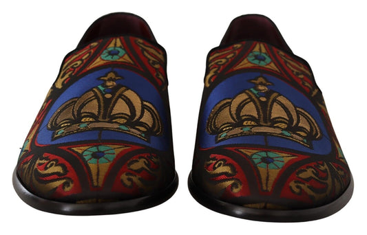 Dolce & Gabbana Multicolor Jacquard Crown Slippers Loafers Shoes - SMARTMARTNZ