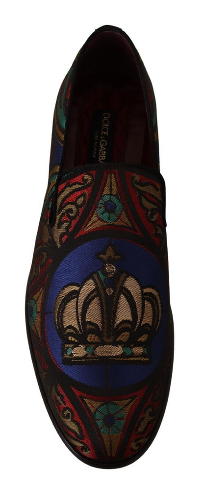 Dolce & Gabbana Multicolor Jacquard Crown Slippers Loafers Shoes - SMARTMARTNZ