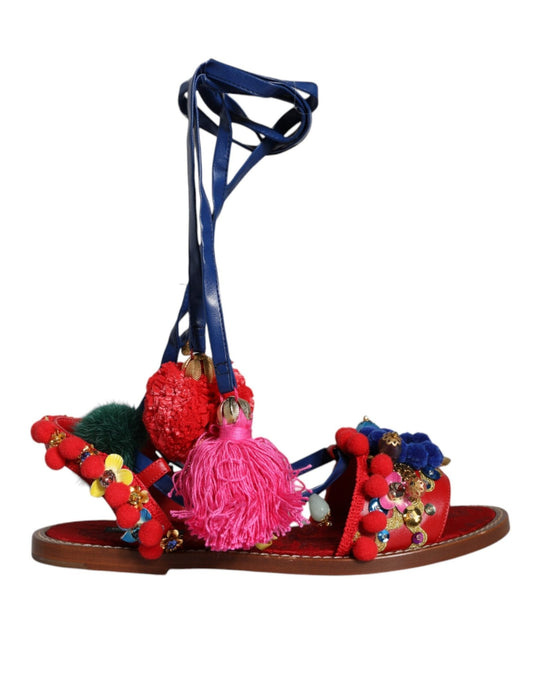 Dolce & Gabbana Multicolor Pom Pom Fur Wrap Sandals Shoes - SMARTMARTNZ