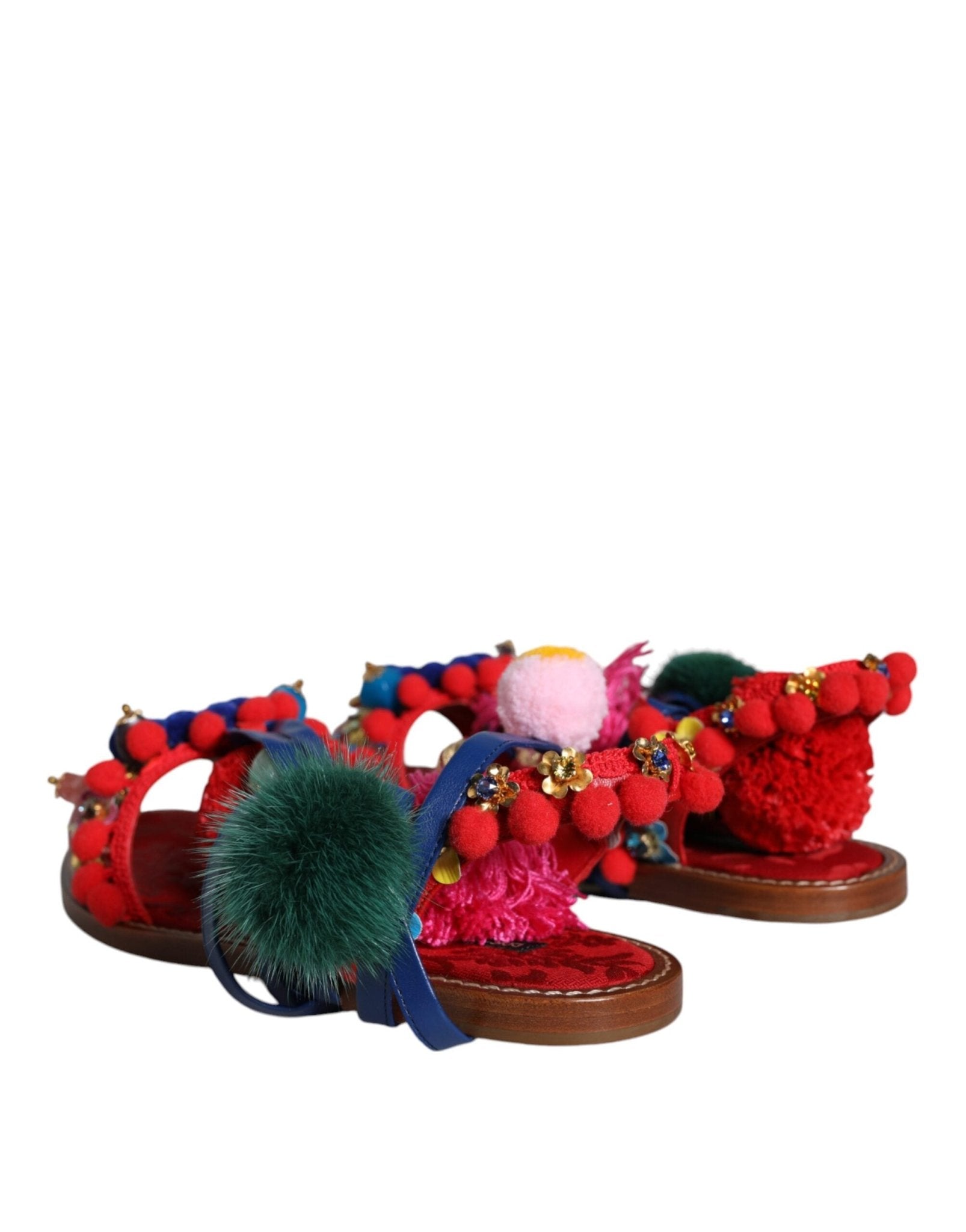 Dolce & Gabbana Multicolor Pom Pom Fur Wrap Sandals Shoes - SMARTMARTNZ
