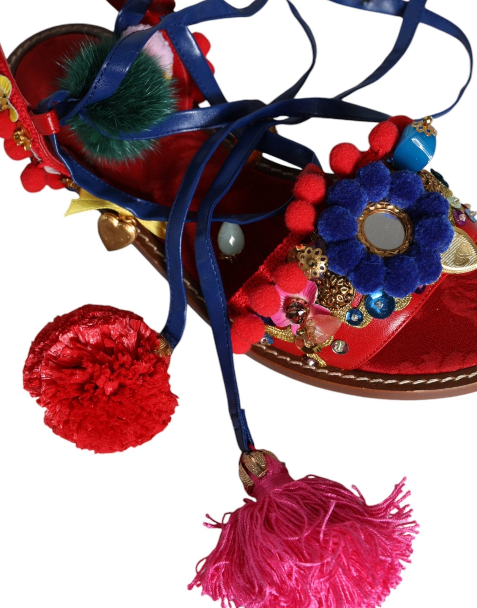 Dolce & Gabbana Multicolor Pom Pom Fur Wrap Sandals Shoes - SMARTMARTNZ