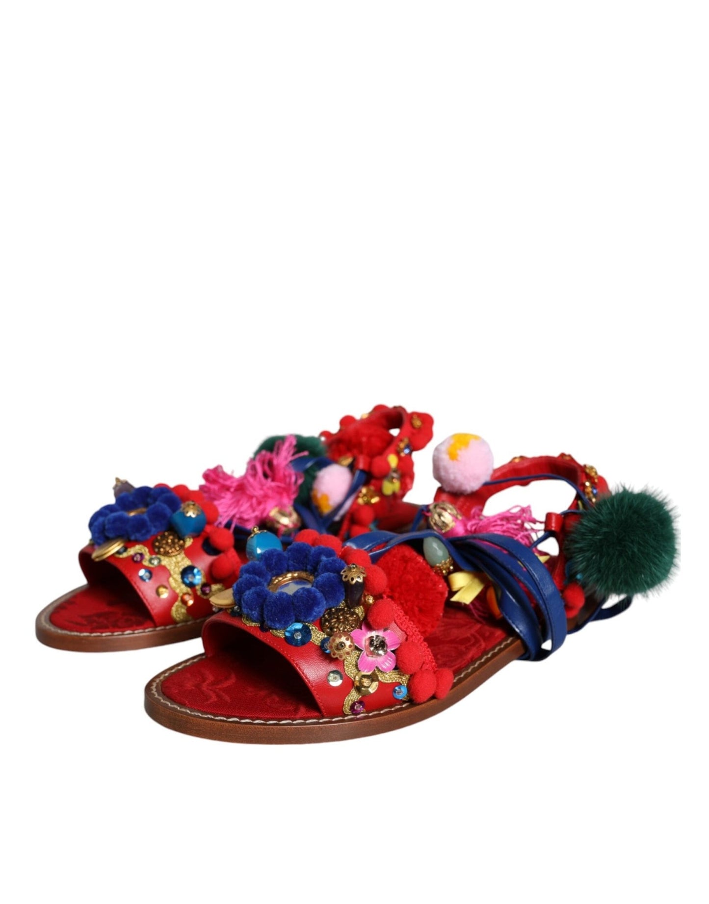 Dolce & Gabbana Multicolor Pom Pom Fur Wrap Sandals Shoes - SMARTMARTNZ