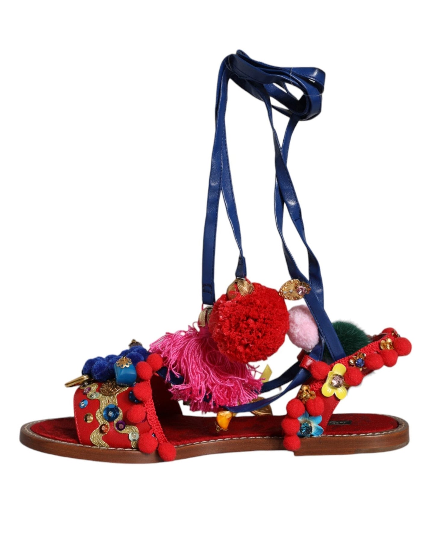 Dolce & Gabbana Multicolor Pom Pom Fur Wrap Sandals Shoes - SMARTMARTNZ