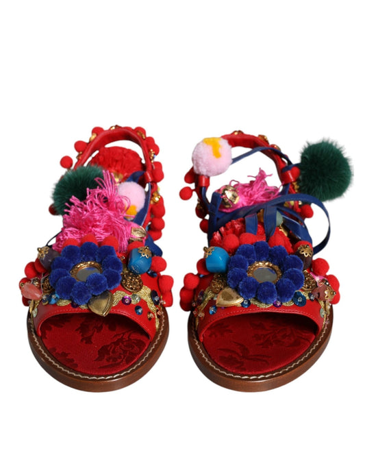 Dolce & Gabbana Multicolor Pom Pom Fur Wrap Sandals Shoes - SMARTMARTNZ