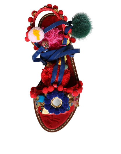 Dolce & Gabbana Multicolor Pom Pom Fur Wrap Sandals Shoes - SMARTMARTNZ