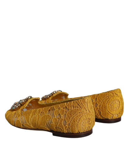 Dolce & Gabbana Mustard Lace Crystal Ballet Flats Loafer Shoes - SMARTMARTNZ