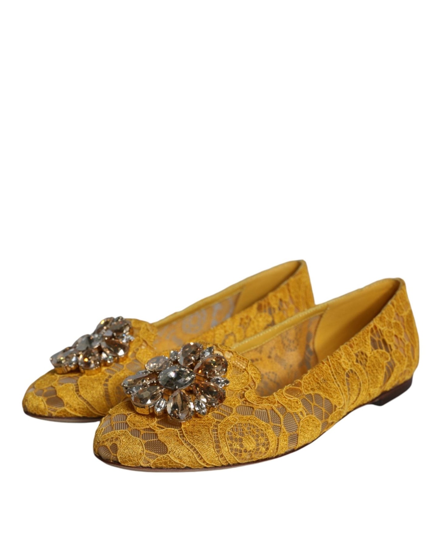 Dolce & Gabbana Mustard Lace Crystal Ballet Flats Loafer Shoes - SMARTMARTNZ