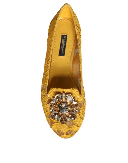 Dolce & Gabbana Mustard Lace Crystal Ballet Flats Loafer Shoes - SMARTMARTNZ