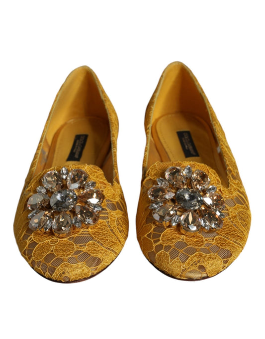 Dolce & Gabbana Mustard Lace Crystal Ballet Flats Loafer Shoes - SMARTMARTNZ