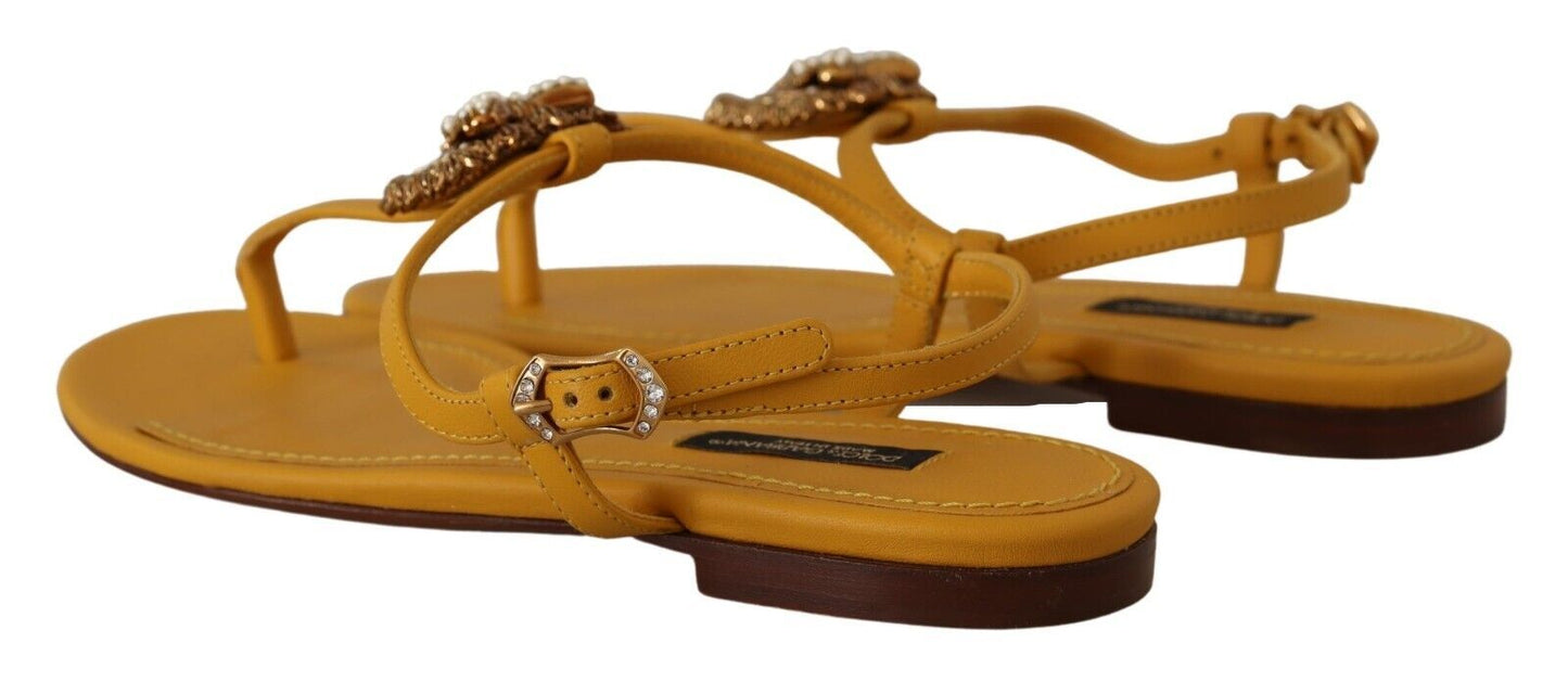 Dolce & Gabbana Mustard Leather Devotion Flats Sandals Shoes - SMARTMARTNZ