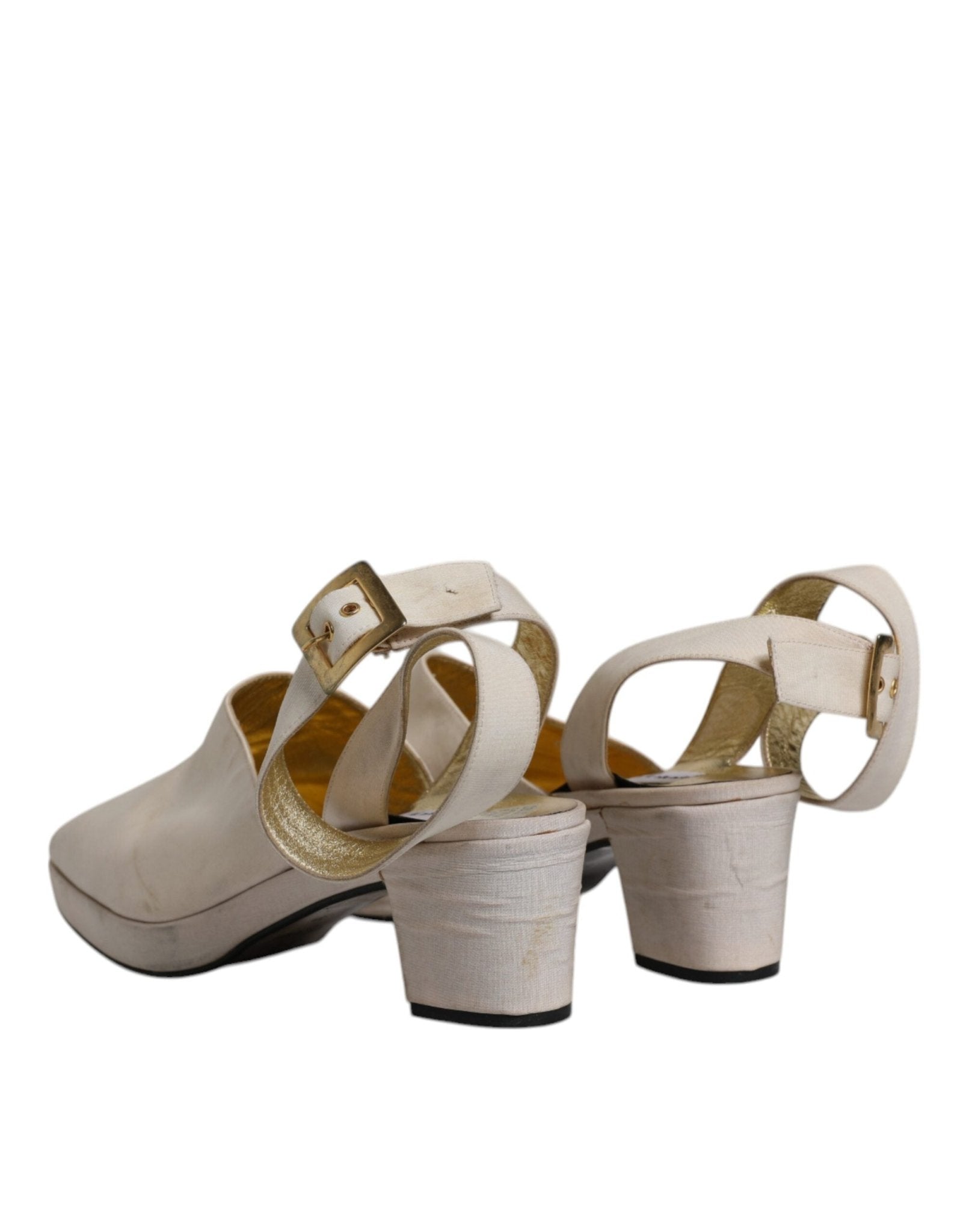 Dolce & Gabbana Off White Block Heels Slingback Sandals Shoes - SMARTMARTNZ