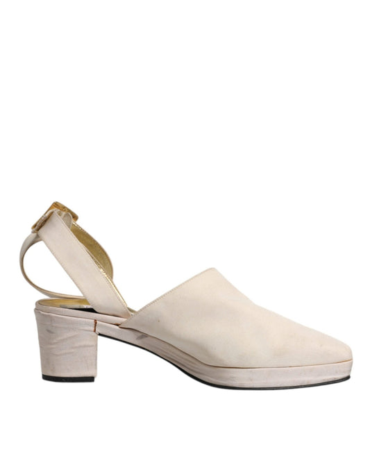 Dolce & Gabbana Off White Block Heels Slingback Sandals Shoes - SMARTMARTNZ