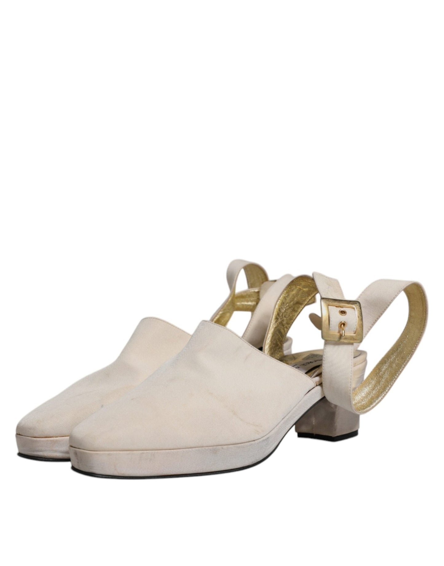 Dolce & Gabbana Off White Block Heels Slingback Sandals Shoes - SMARTMARTNZ