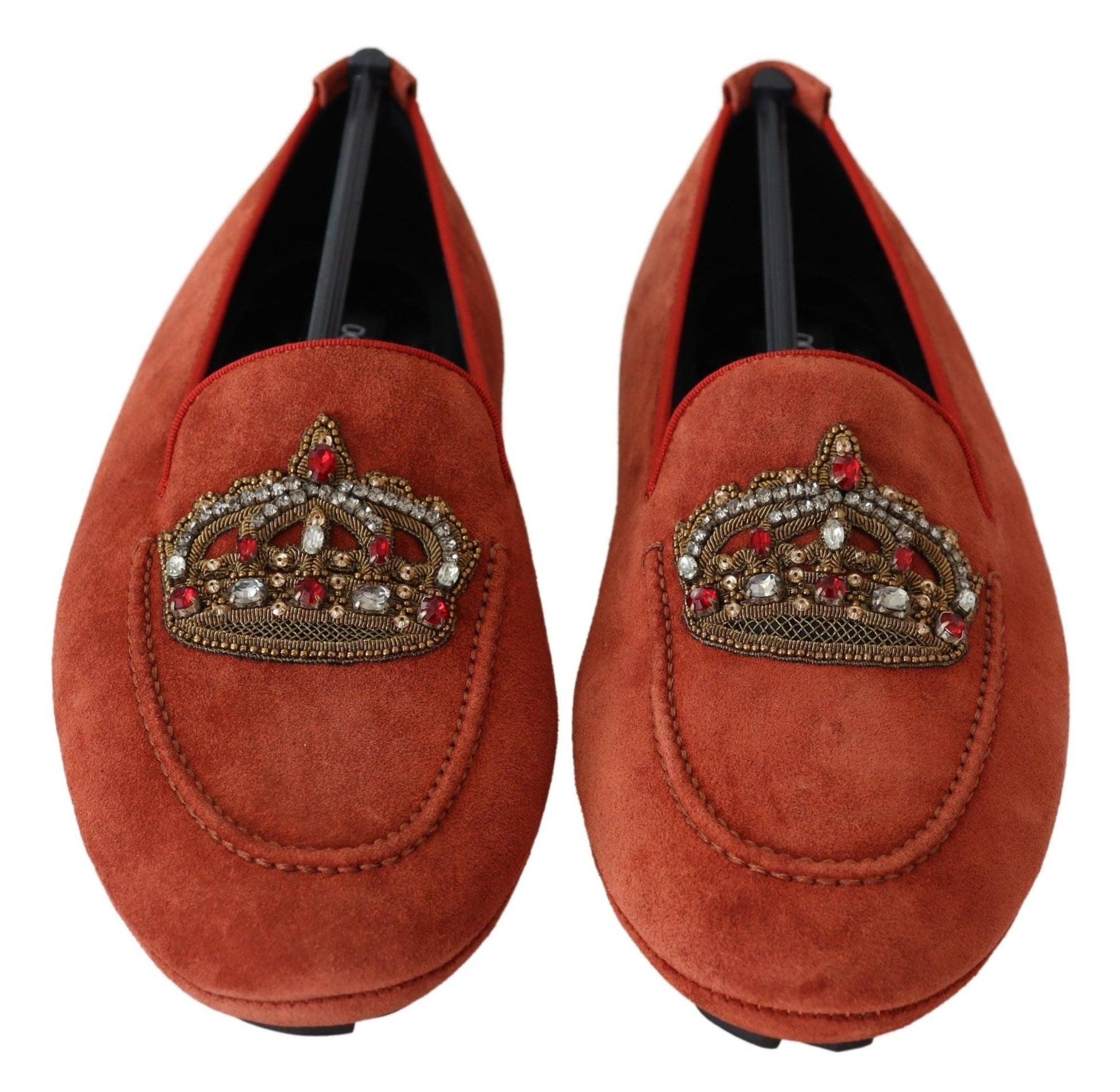 Dolce & Gabbana Orange Leather Crystal Crown Loafers Shoes - SMARTMARTNZ