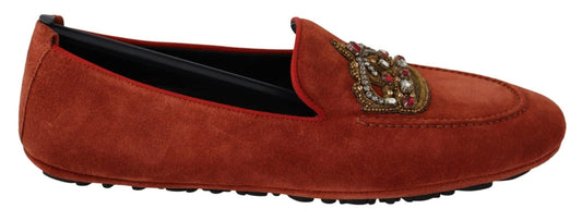 Dolce & Gabbana Orange Leather Crystal Crown Loafers Shoes - SMARTMARTNZ