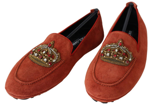 Dolce & Gabbana Orange Leather Crystal Crown Loafers Shoes - SMARTMARTNZ