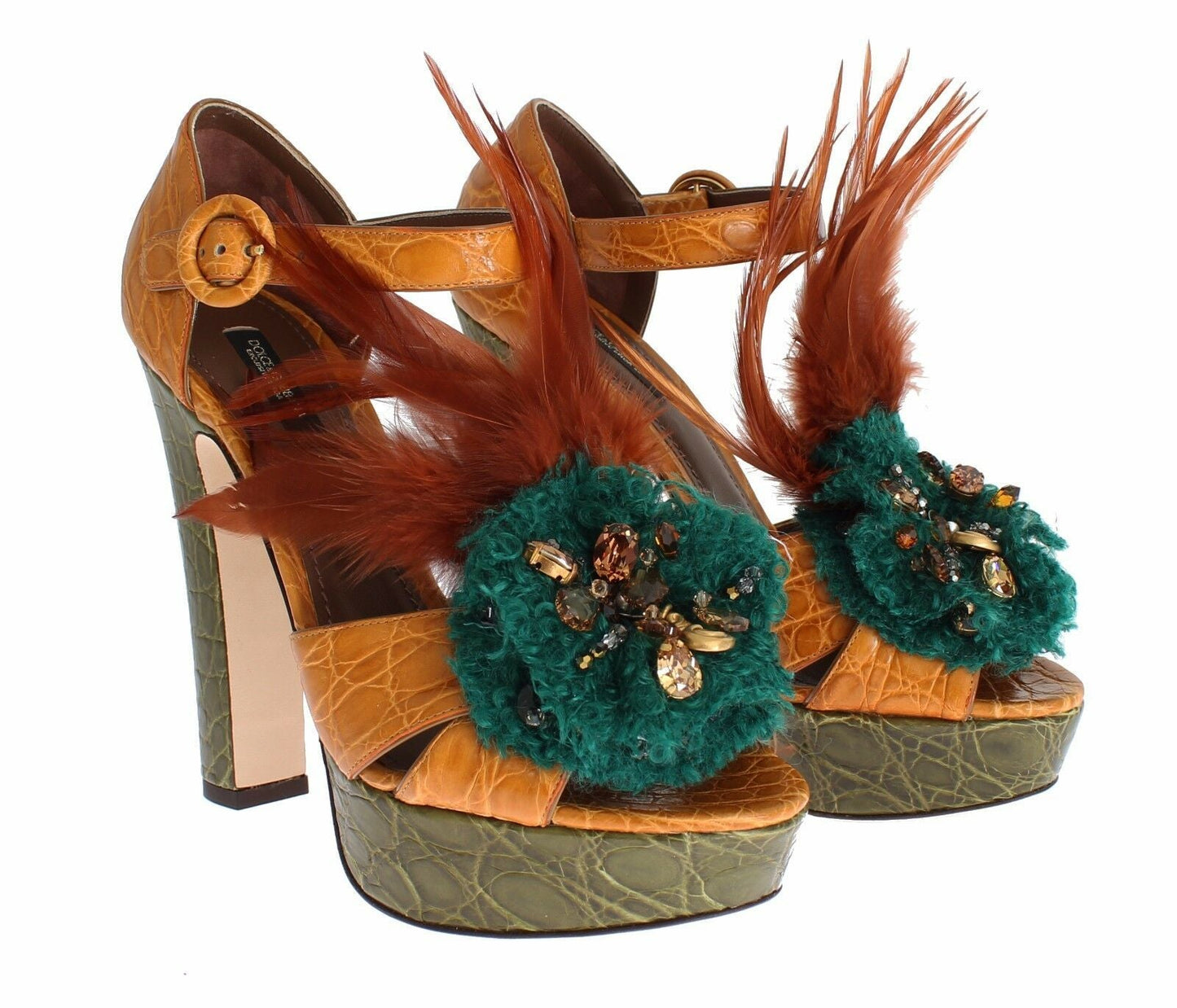 Dolce & Gabbana Orange Leather Crystal Platform Sandal Shoes - SMARTMARTNZ