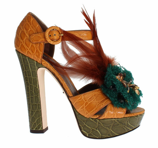 Dolce & Gabbana Orange Leather Crystal Platform Sandal Shoes - SMARTMARTNZ