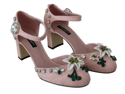Dolce & Gabbana Pink Brocade Crystal Lily Ankle Strap Shoes - SMARTMARTNZ
